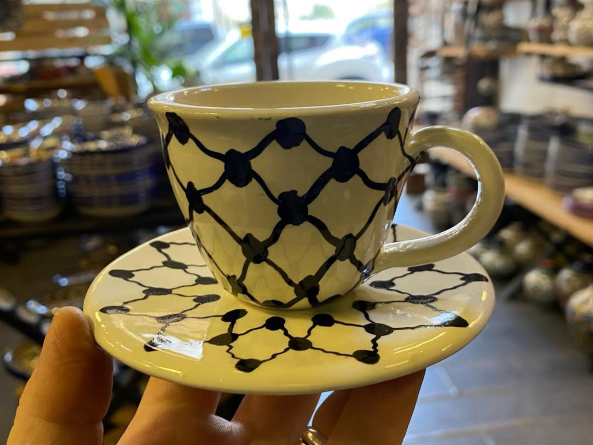 Ceramic cup and saucer with Kuffyieh pattern handmade in Palestine