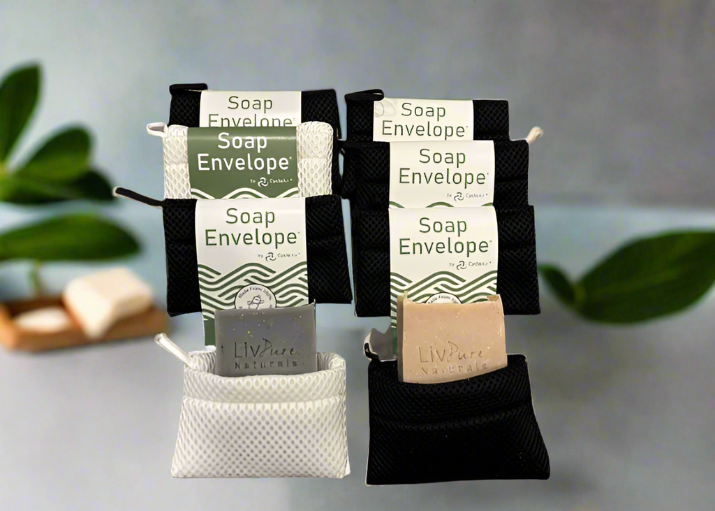  100% recycled , Soap envelope, Hand made sustainably in North America, lather with gentle exfoliation