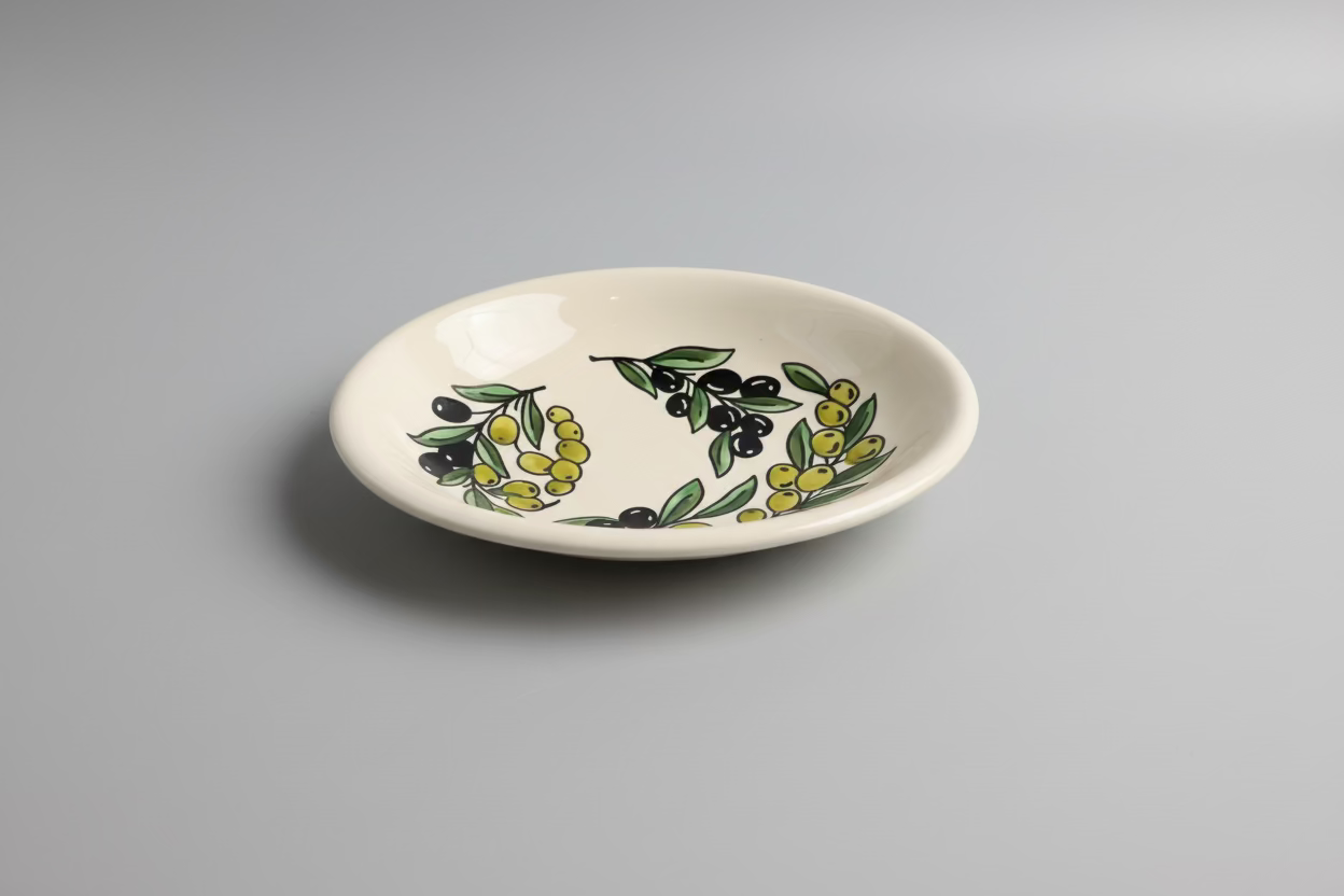 White ceramic plate with olive design on a gray surface
