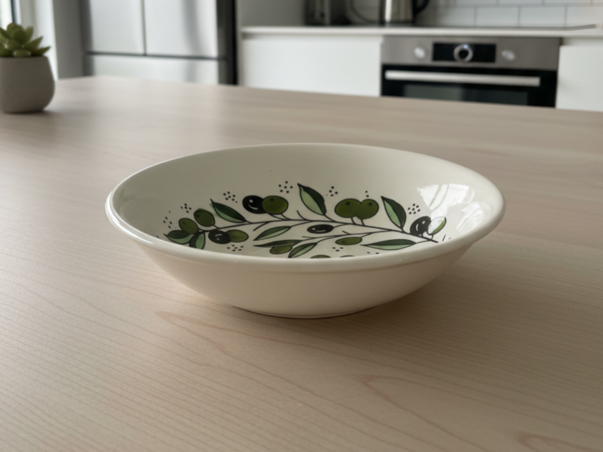 White ceramic bowl with green leaf design handmade in Palestine