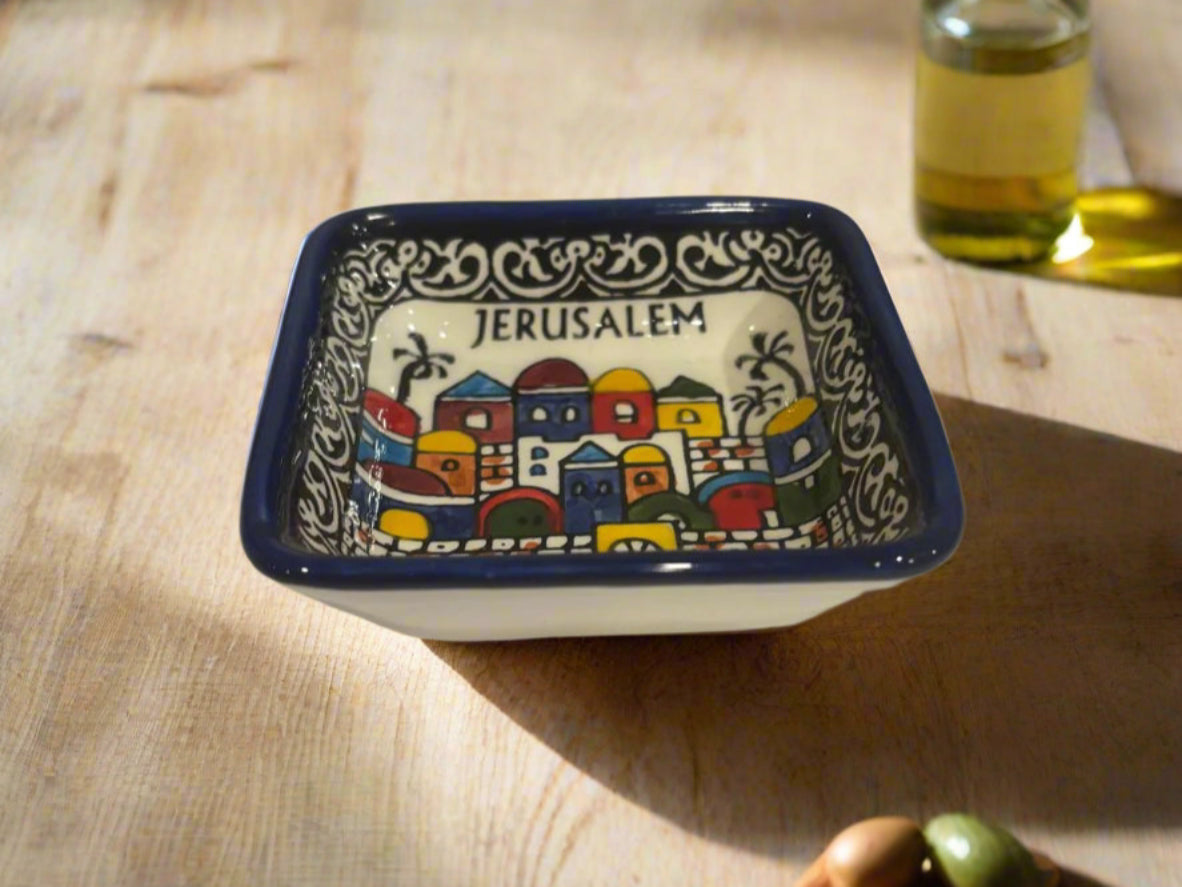 Square handmade Ceramic bowl with 'Jerusalem' design 