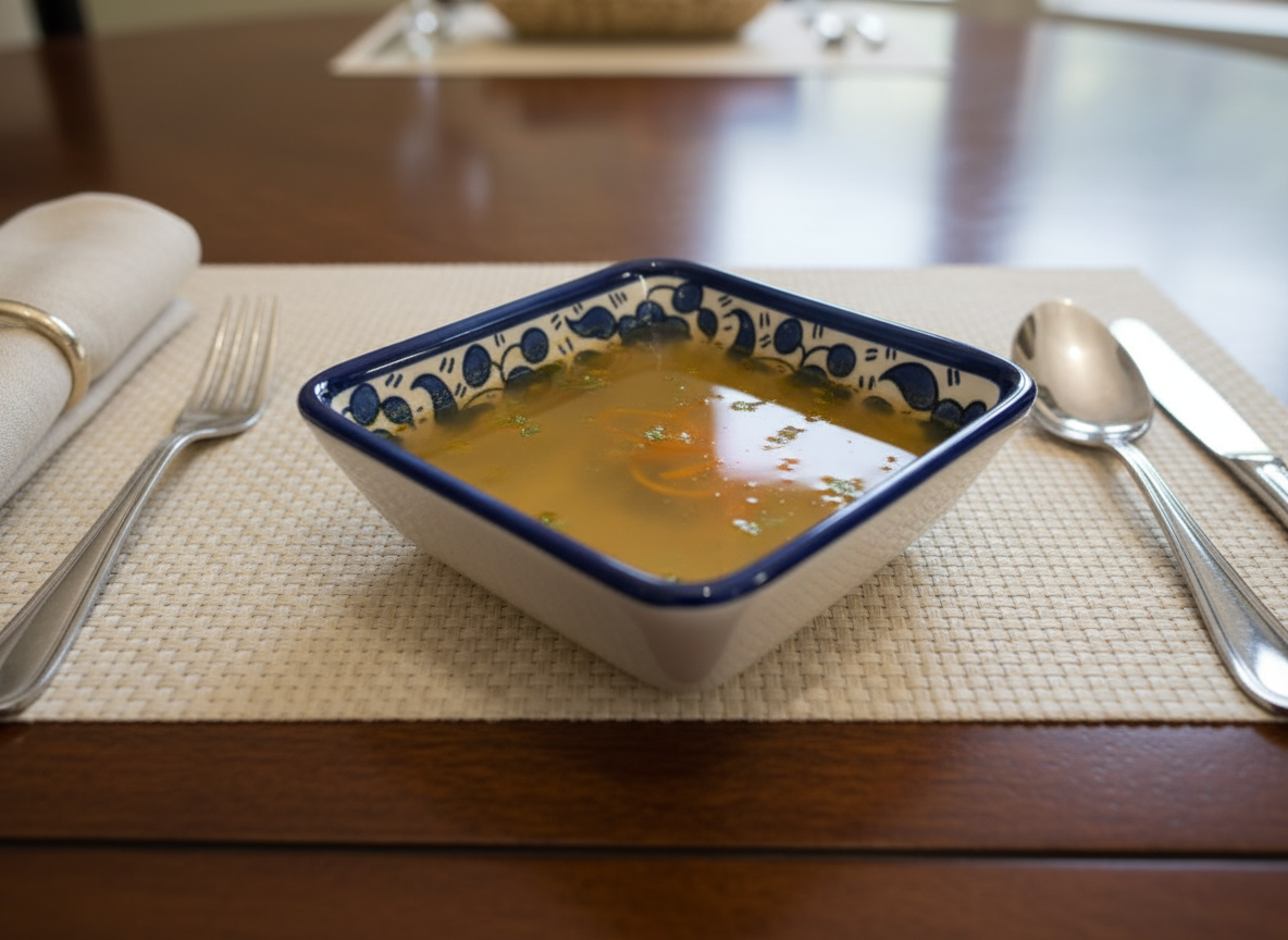 Ceramic bowl with blue floral pattern on a beige background