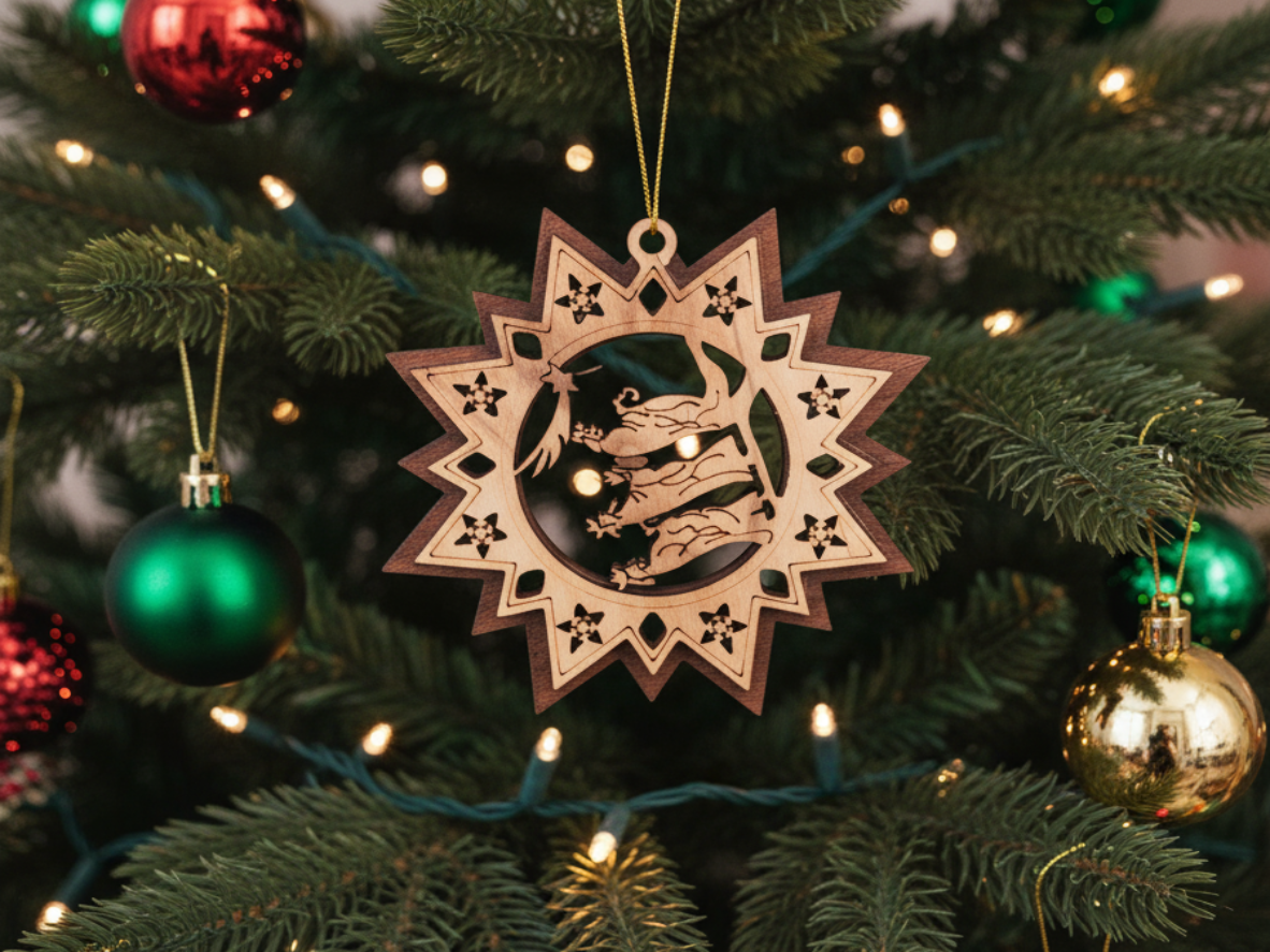 Olive wood Bethlehem ornament gift set from the Holy Land, perfect for Christmas or religious celebrations.