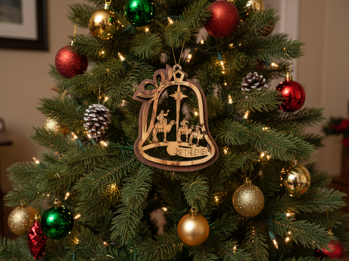 Olive wood Bethlehem ornament gift set from the Holy Land, perfect for Christmas or religious celebrations.