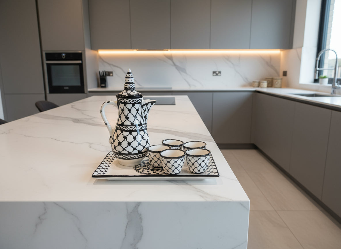 Kuffyieh patterned coffeepot and cups on a tray handmade in Palestine. Perfect gift set