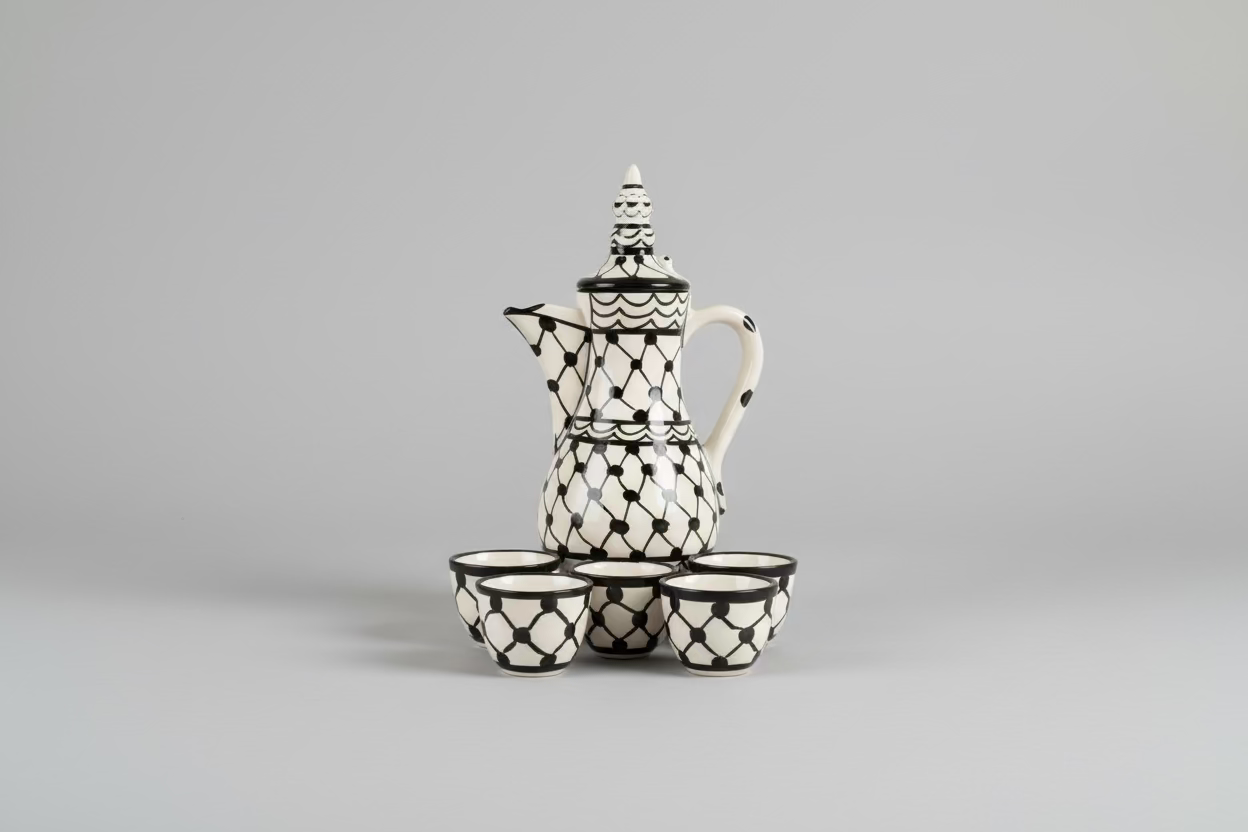 Black and white patterned teapot and cups on a wooden floor