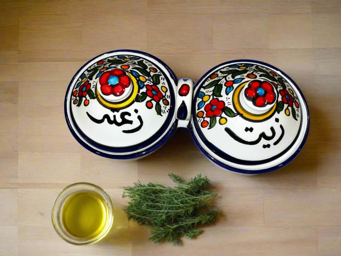 Handcrafted Ceramic Bowls with Lids – Olive Oil & Za’atar Serving Dishes | Palestinian Pottery from Hebron | Various Designs and Patterns