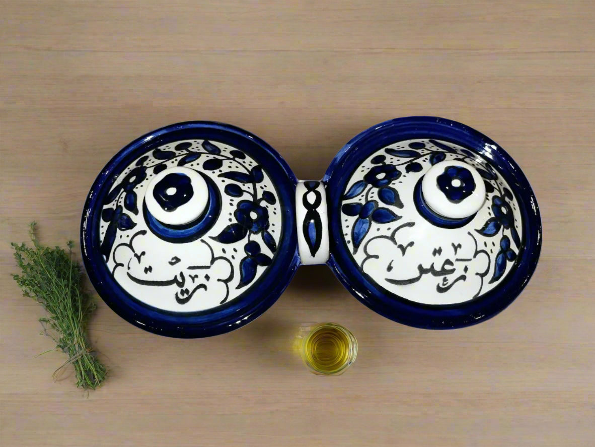 Handcrafted Ceramic Bowls with Lids – Olive Oil & Za’atar Serving Dishes | Palestinian Pottery from Hebron | Various Designs and Patterns