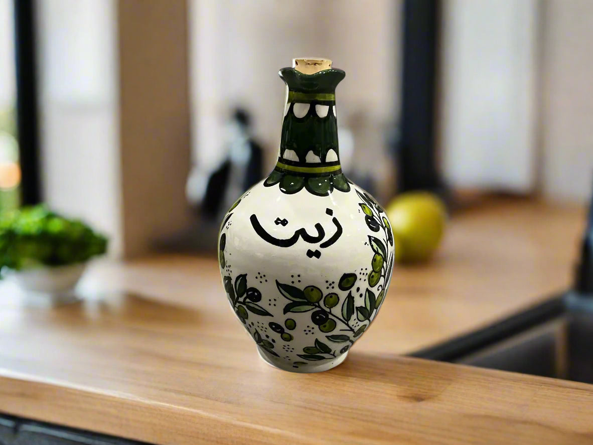 Green Olive Pattern Oil Decanter Palestinian