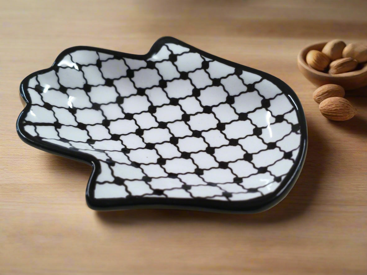 Handmade Ceramic Hamsa Palm-Shaped Dish – 8” Serving Plate | Available in Various Patterns