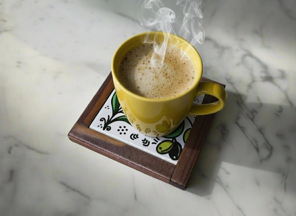 Handmade ceramic and wood coaster from Palestine