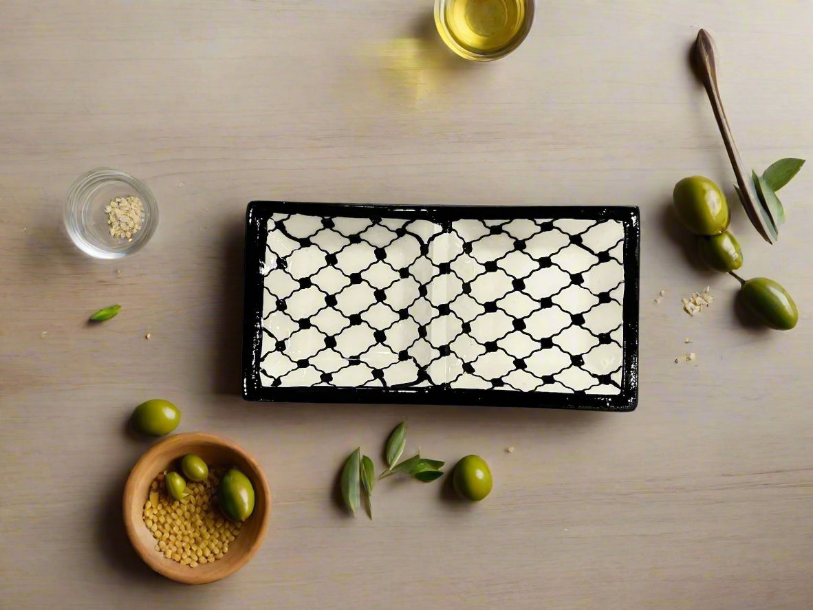 Handcrafted Ceramic Dual Appetizer Plate – Kuffiyeh Design
