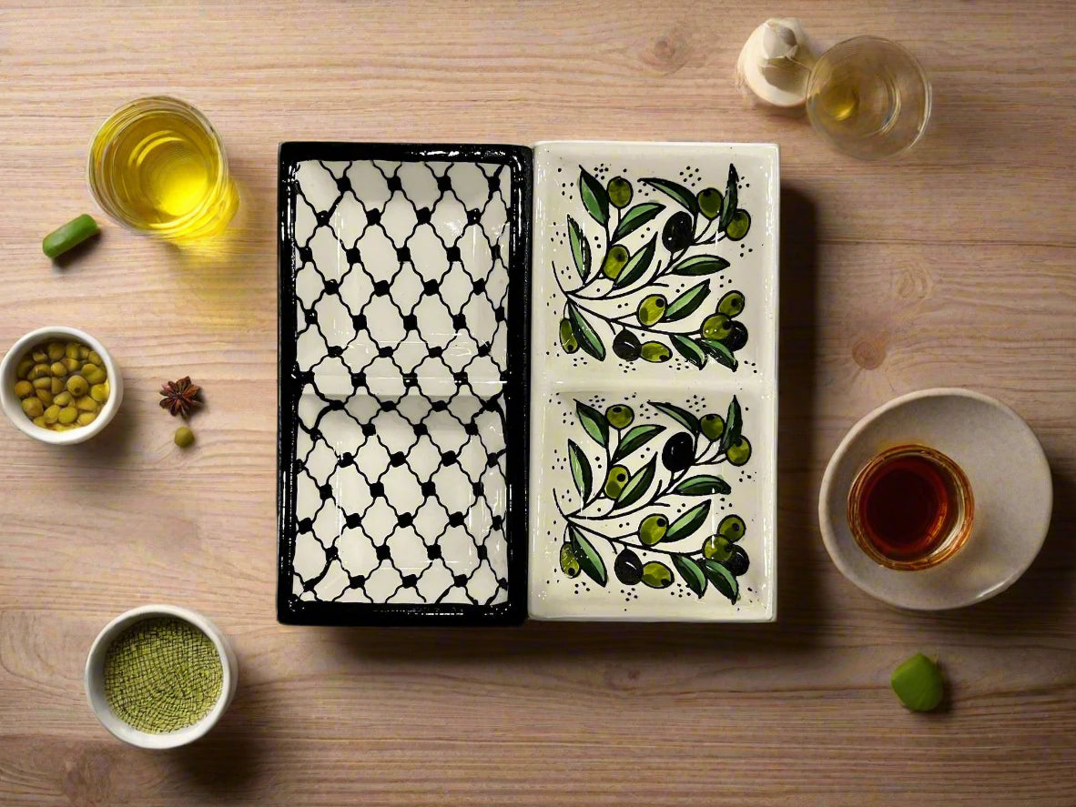 Handcrafted Ceramic Dual Appetizer Plate – Kuffiyeh & Olive Harmony Designs