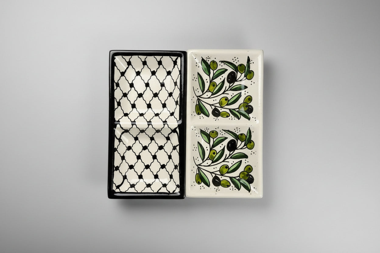 Handcrafted Ceramic Dual Appetizer Plate – Kuffiyeh & Olive Harmony Designs