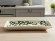 Rectangular ceramic platter with green leaf design handmade in Palestine