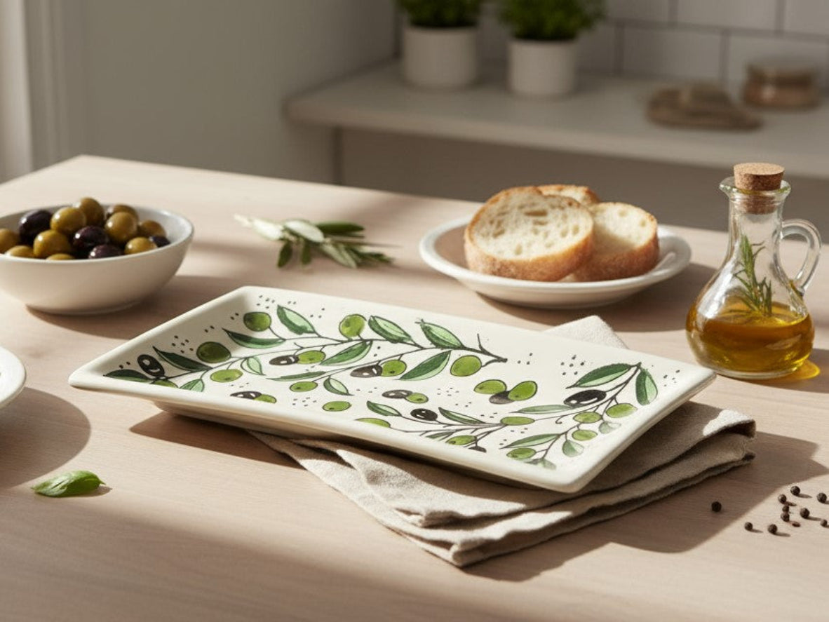 Handmade Palestinian Pottery plate in Green olives pattern