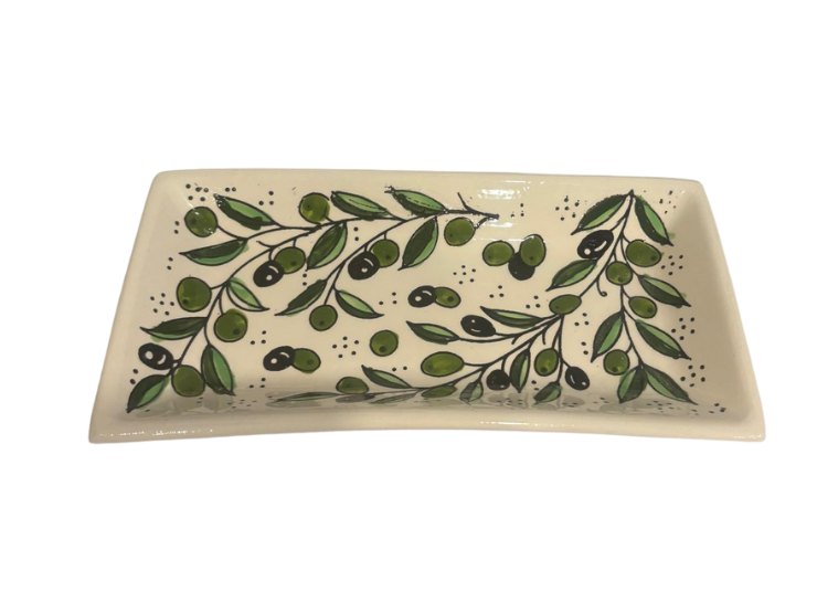 Rectangular ceramic dish with olive branch design handmade in Palestine