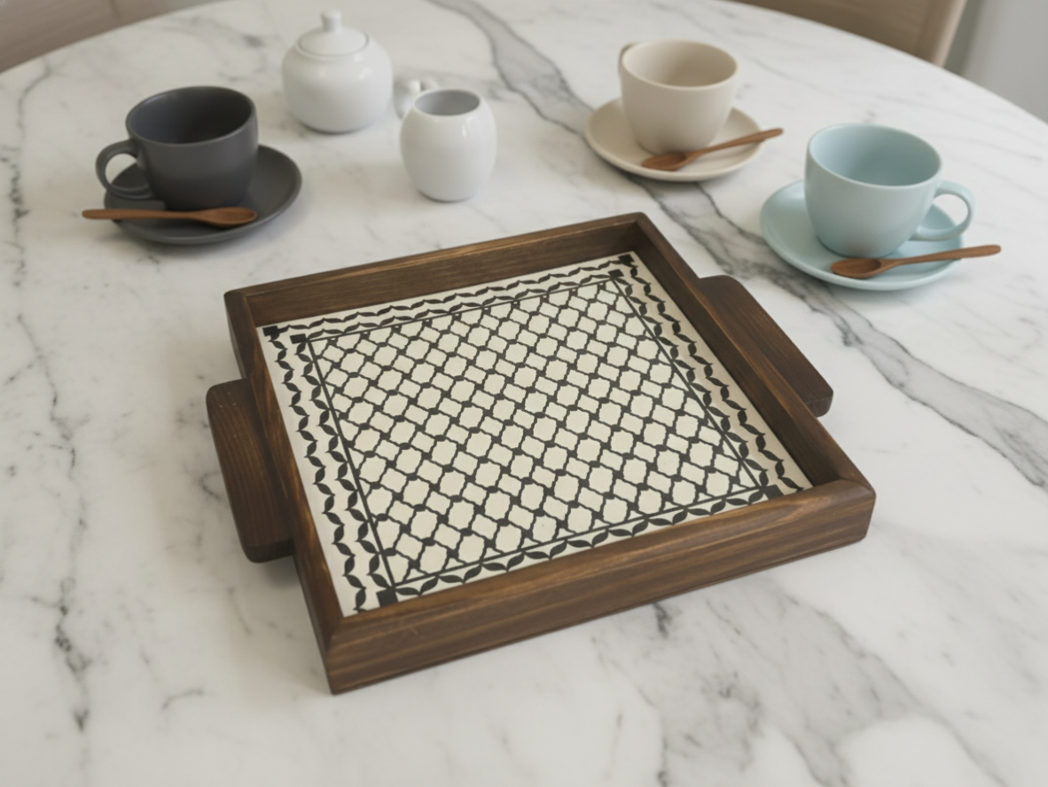 Handmade serving tray made in Palestine from ceramic and wood