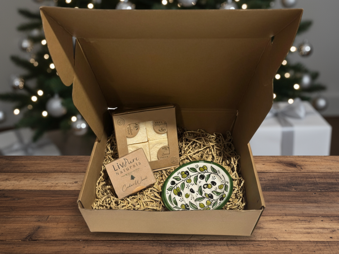 Handmade olive oil soap bars and ceramic soap dish gift set
