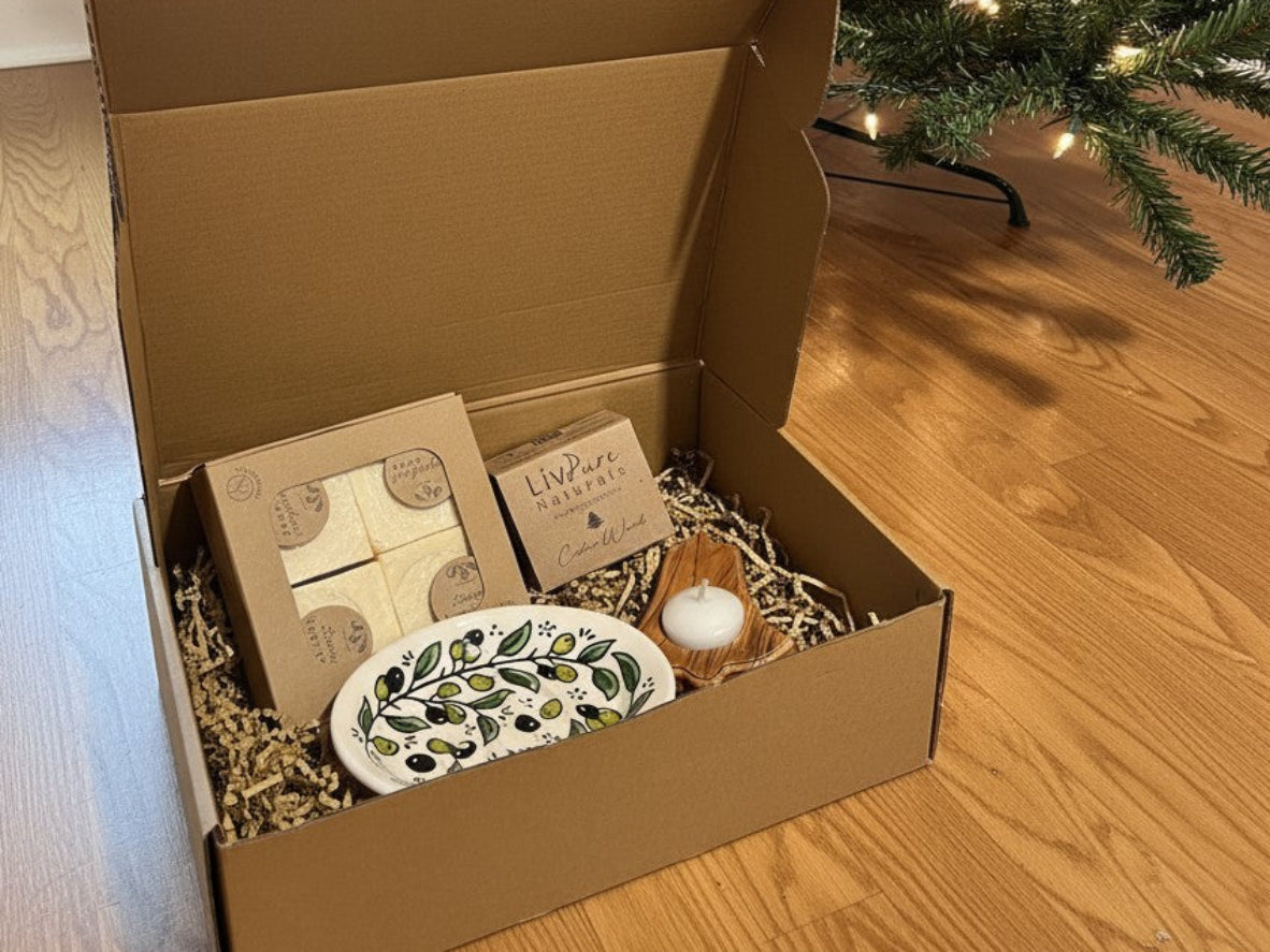Handmade olive oil and scented soap bars with handmade ceramic soap dish and christmas bell olive oil wood candle holder christmas gift set