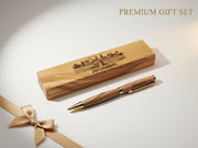 Handmade olive wood pen and box engraved with Jerusalem, crafted in Palestine — personalized wooden gift set for Christmas or corporate occasions.