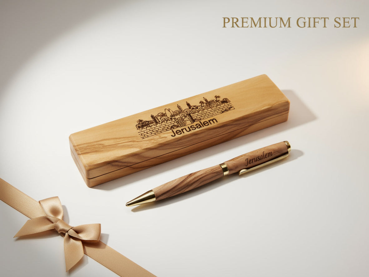 Handmade olive wood pen and box engraved with Jerusalem, crafted in Palestine — personalized wooden gift set for Christmas or corporate occasions.