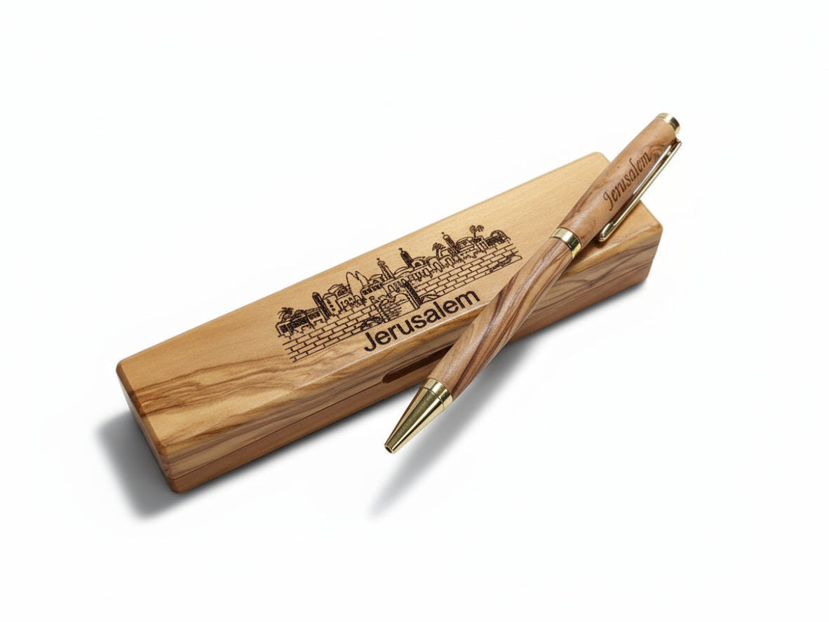 Handmade olive wood pen and box engraved with Jerusalem, crafted in Palestine — personalized wooden gift set for Christmas or corporate occasions.