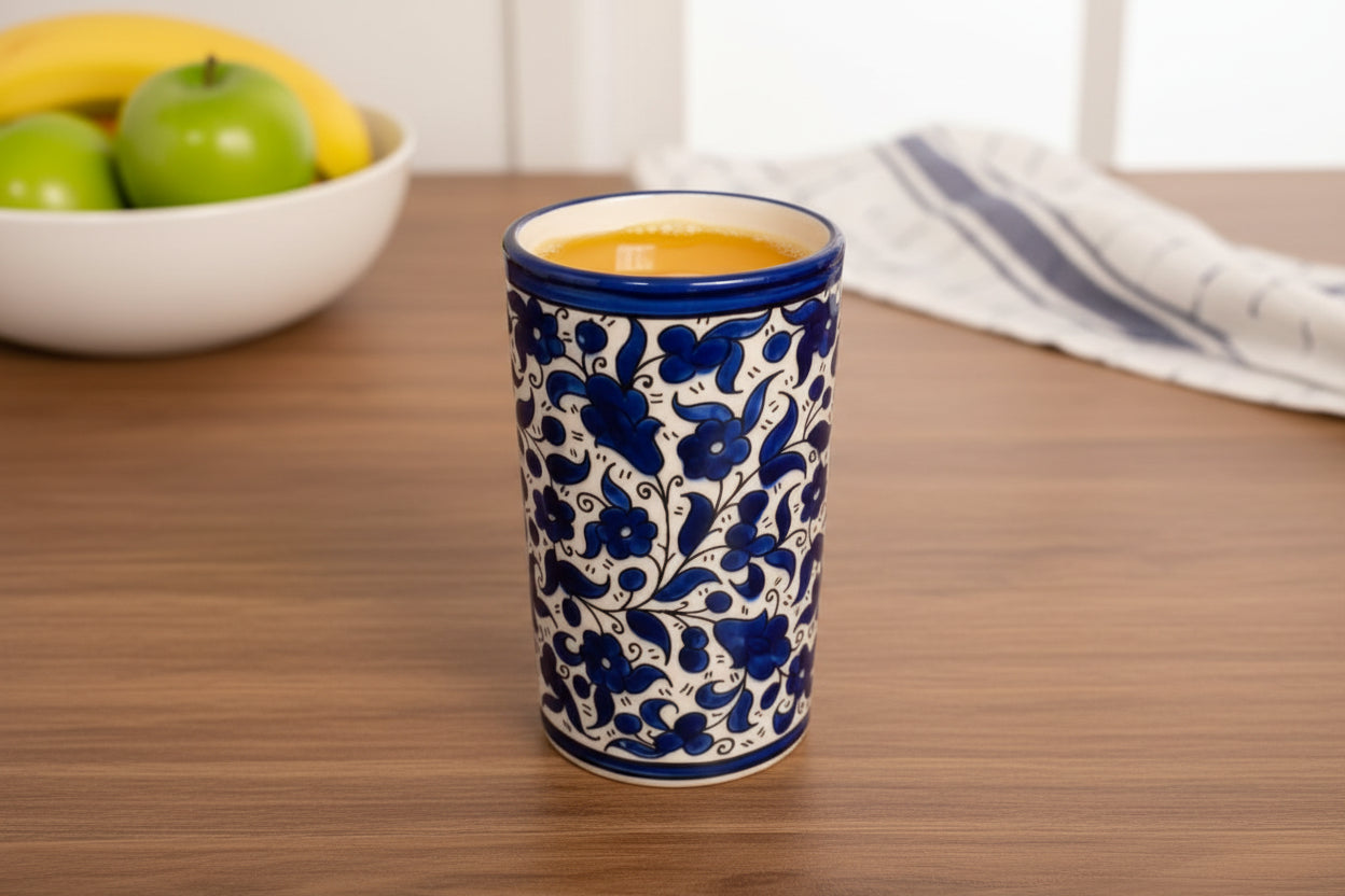 Handmade pottery cup Hebron Palestine, artisan ceramic mug, traditional hand-painted design, dishwasher safe coffee tea cup