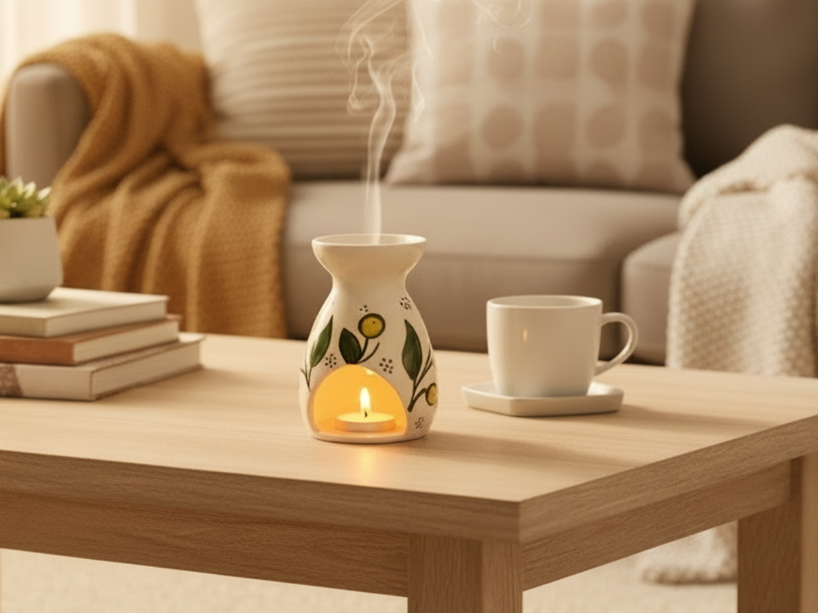 Aroma lamp with a candle on a coffee table in a cozy living room.