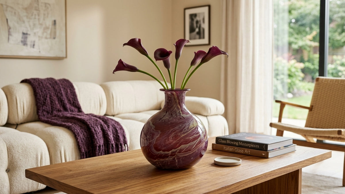 Hebron Glass Vase | Deep Burgundy & Gold Marbling | One of a Kind