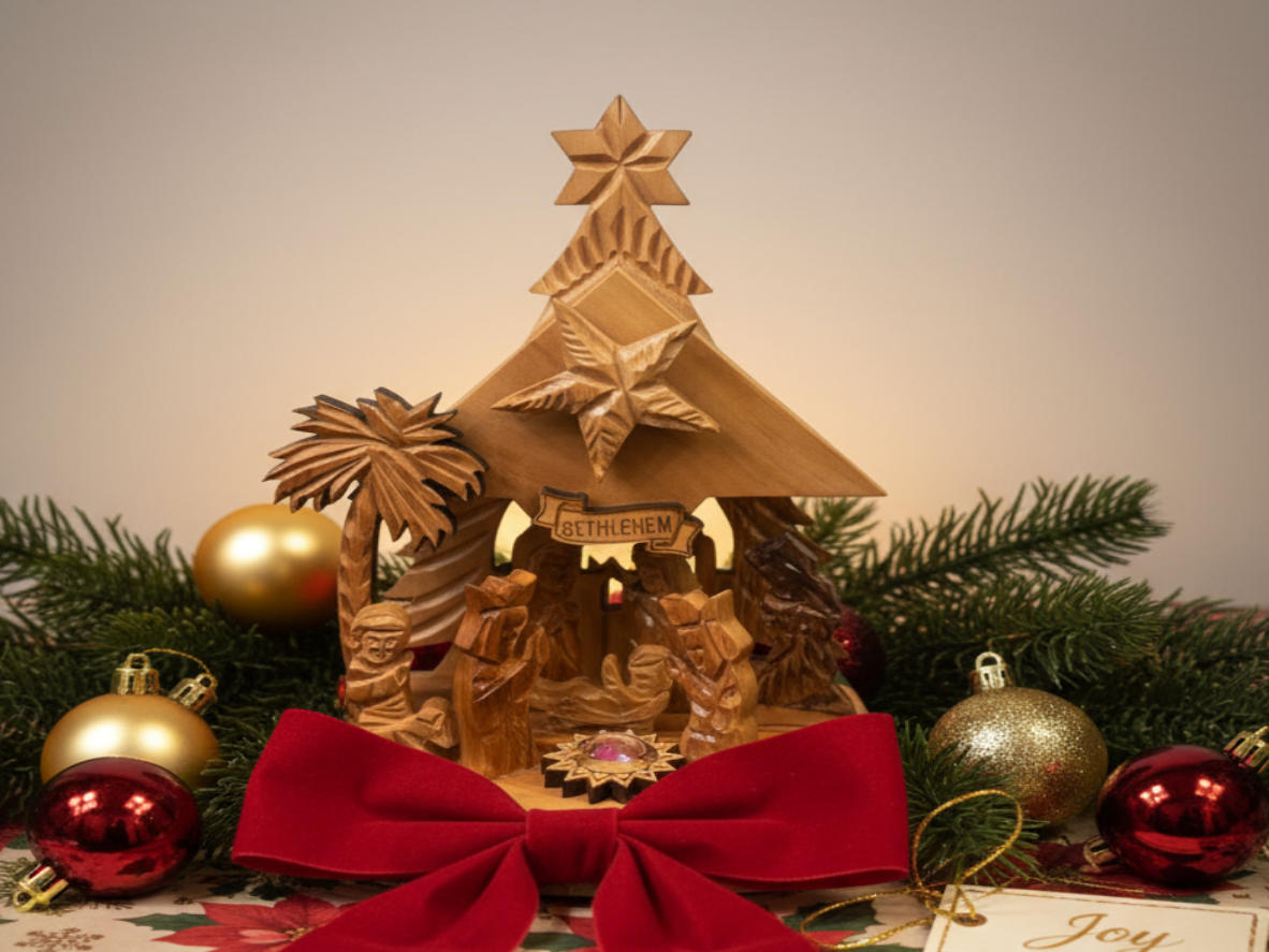 Holy Land Olive Wood Hand Made Nativity Scene with Music Box Holiday Gift Christmas Gift