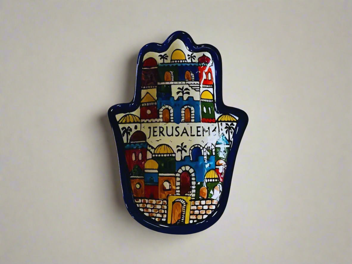 Decorative Hamsa with Jerusalem design on a white background