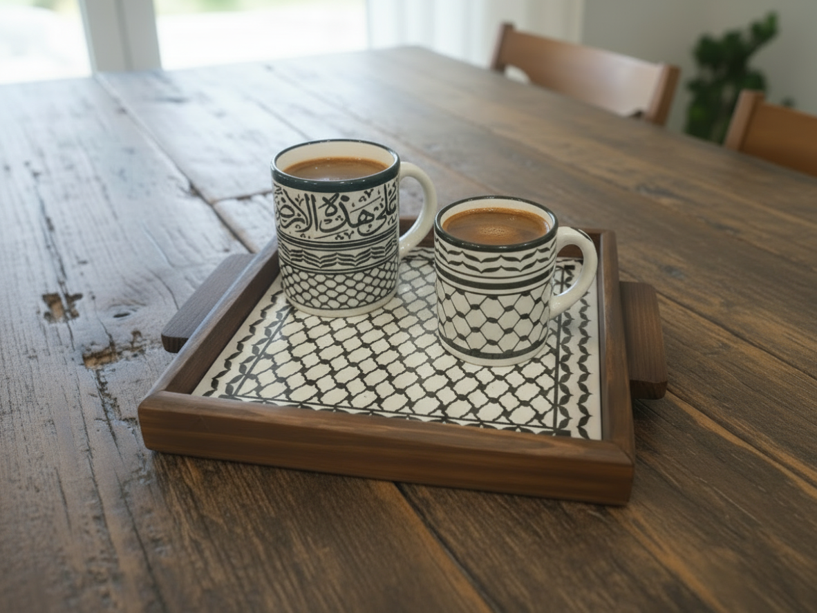 Handmade serving tray wood and ceramic madein palestine