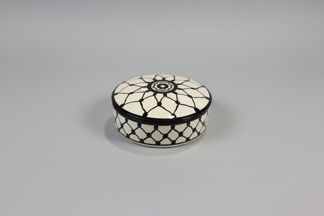 Handmade Ceramic Lidded Bowl | Palestinian Pottery, Food-Safe, Kuffieyeh Design