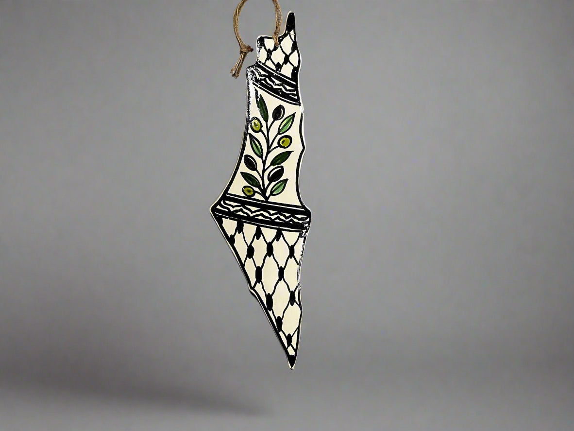 Kuffieyeh and Olives Pattern on Ceramic Map of Palestine