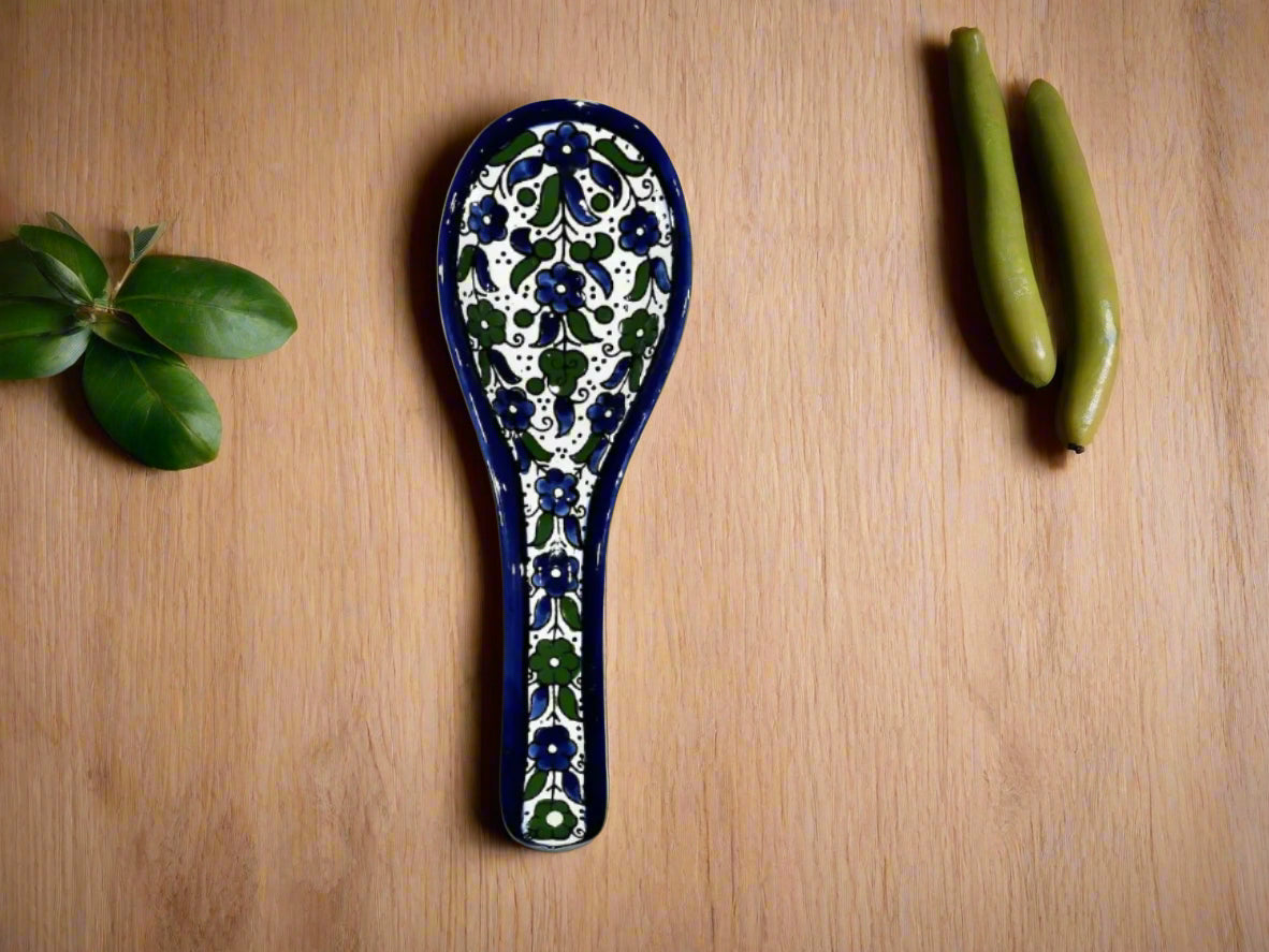 Large Ceramic Utensils Rest Blue and Green leaf Design