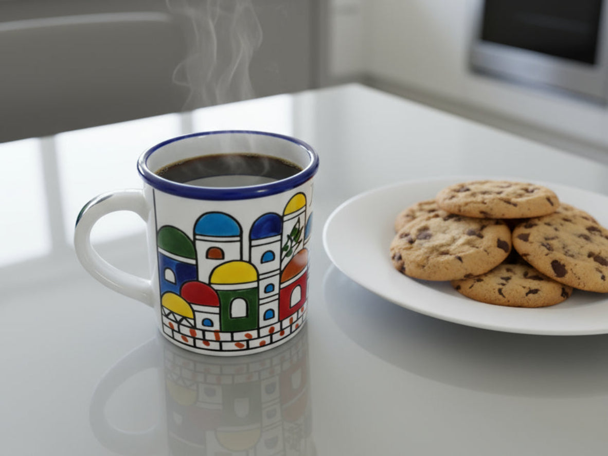 Handamde mug for coffee or tea made in Palestine with Jerusalem Pattern 