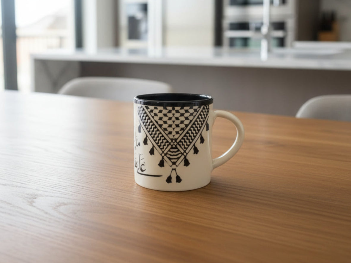 Handmade Ceramic mug made in Palestine with Kuffyieh design