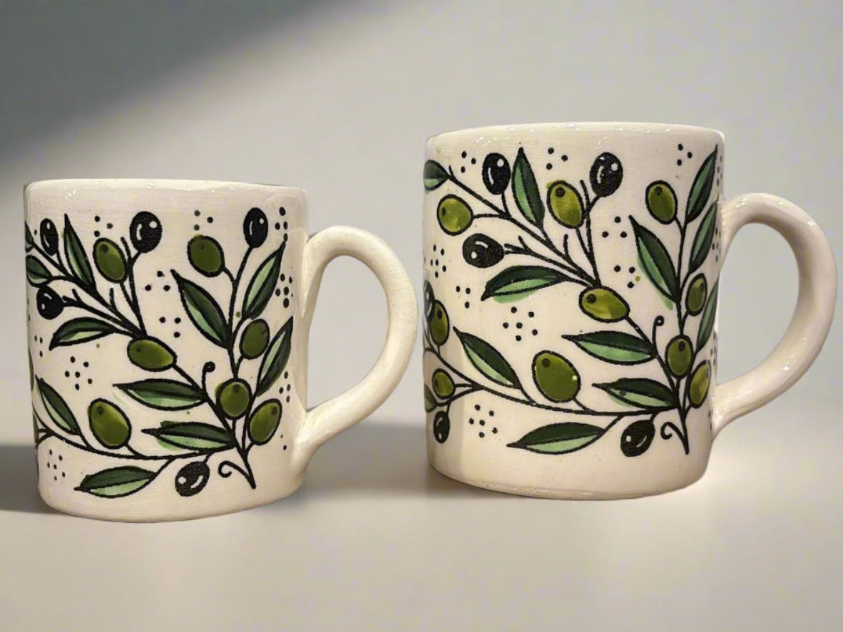 Handmade ceramic mug made in Palestine with Olive Pattern