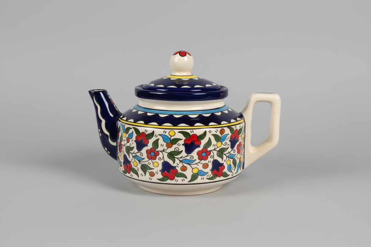 Decorative ceramic teapot on a wooden surface with a laptop in the background