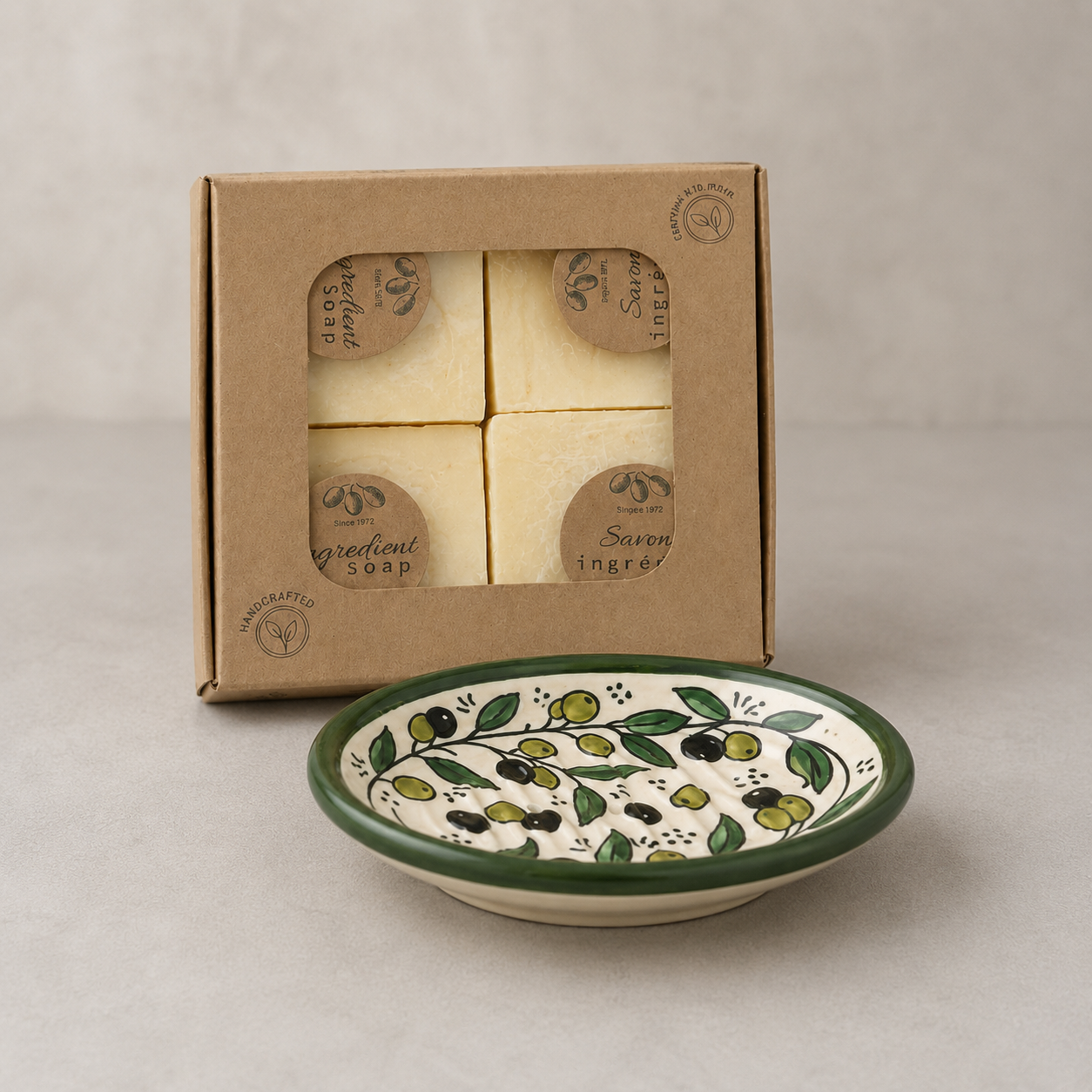 Soap Starter Kit – Ceramic Dish & Olive Oil Soap Bar 4-Pack