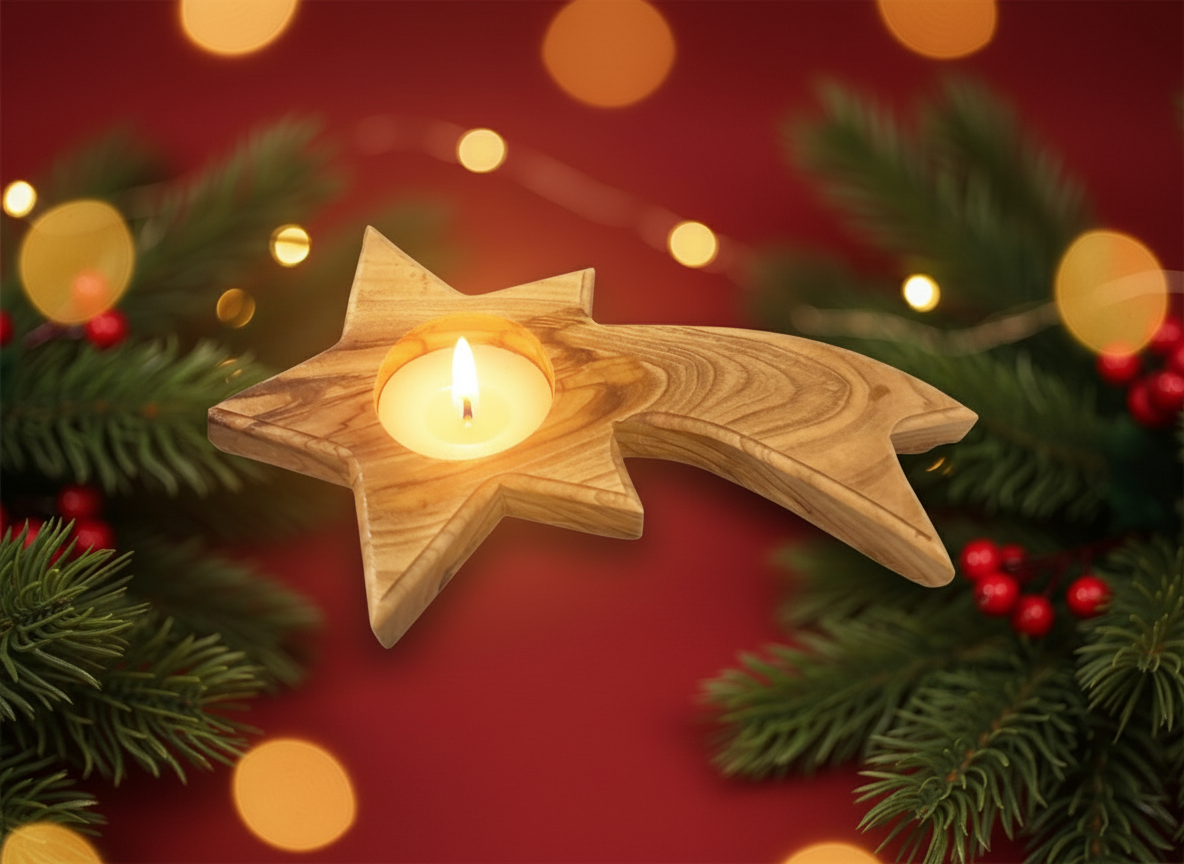 Handcrafted olive wood shooting star candle holders made in Bethlehem, Palestine, featuring natural wood grain and space for a tealight candle.
