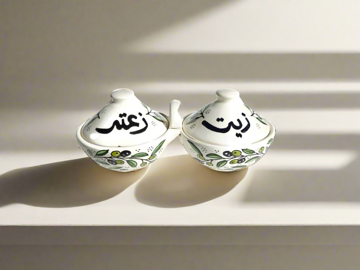 Handcrafted Ceramic Bowls with Lids – Olive Oil & Za’atar Serving Dishes | Palestinian Pottery from Hebron | Various Designs and Patterns