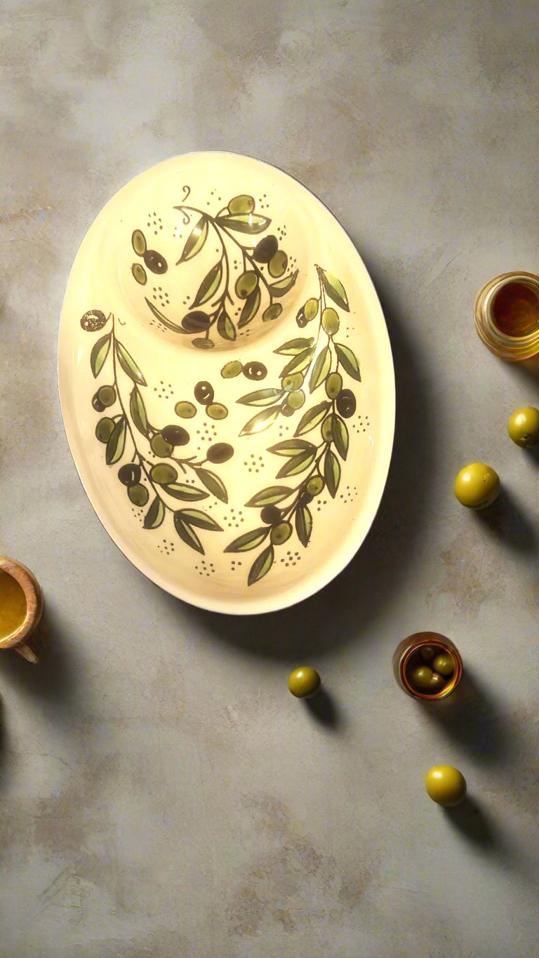 Handcrafted Ceramic Olive & Oil Appetizer Plate | Serving dish | Available in Various Patterns