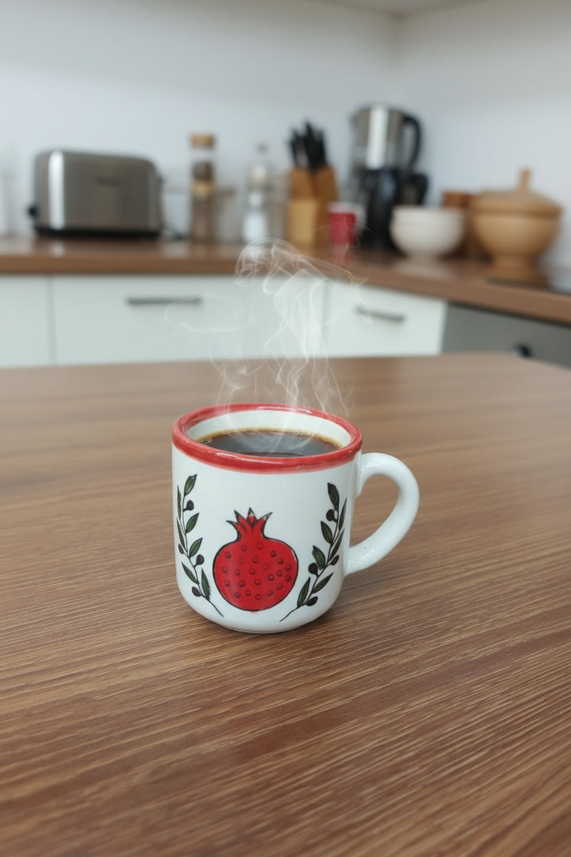 A small white ceramic mug with a red rim, featuring a red pomegranate and green leaf design on the side