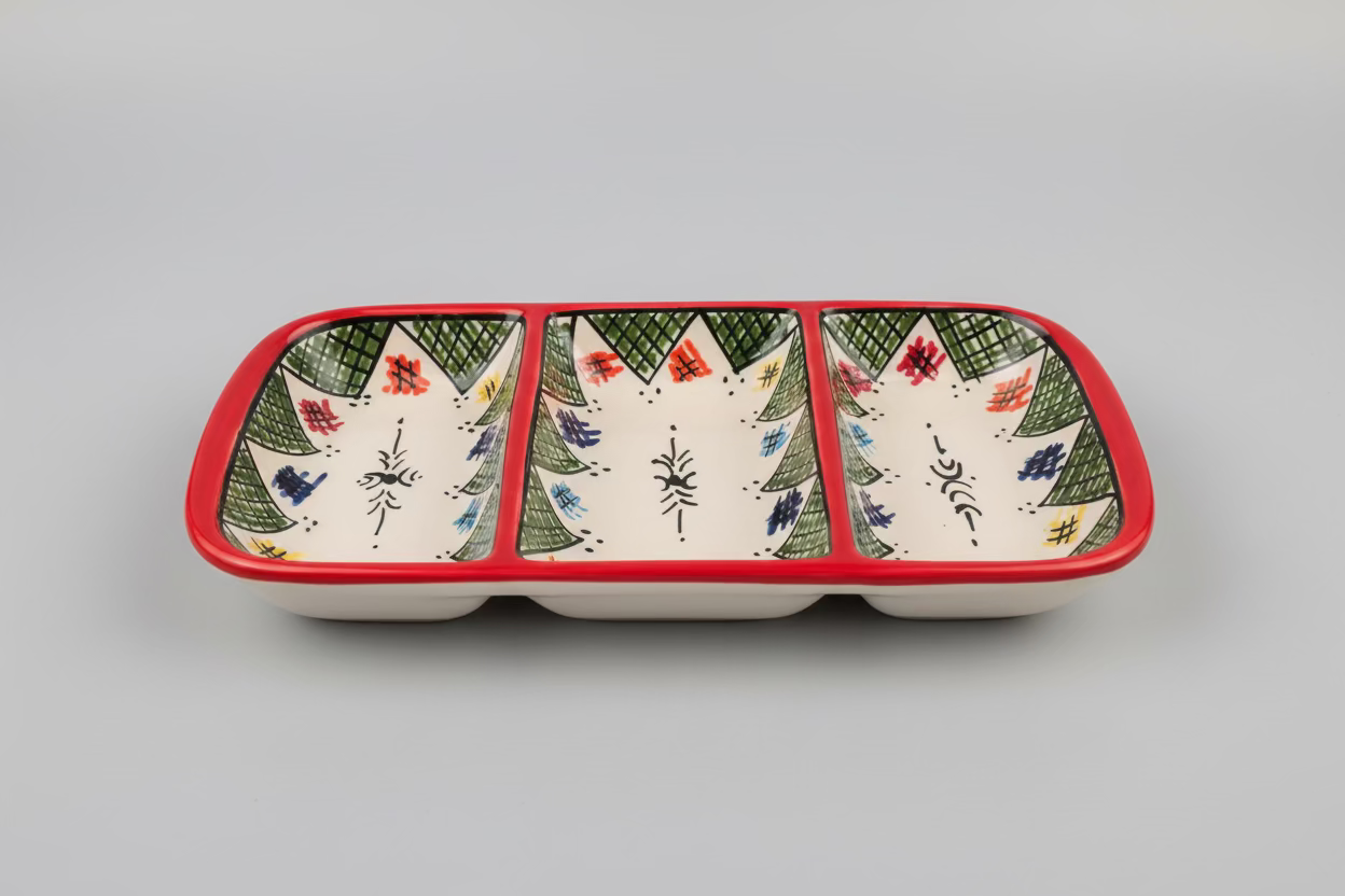 Three-sectioned tray with decorative patterns on a wooden surface