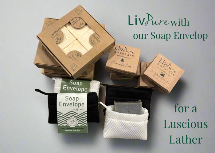  100% recycled , Soap envelope, Hand made sustainably in North America, lather with gentle exfoliation