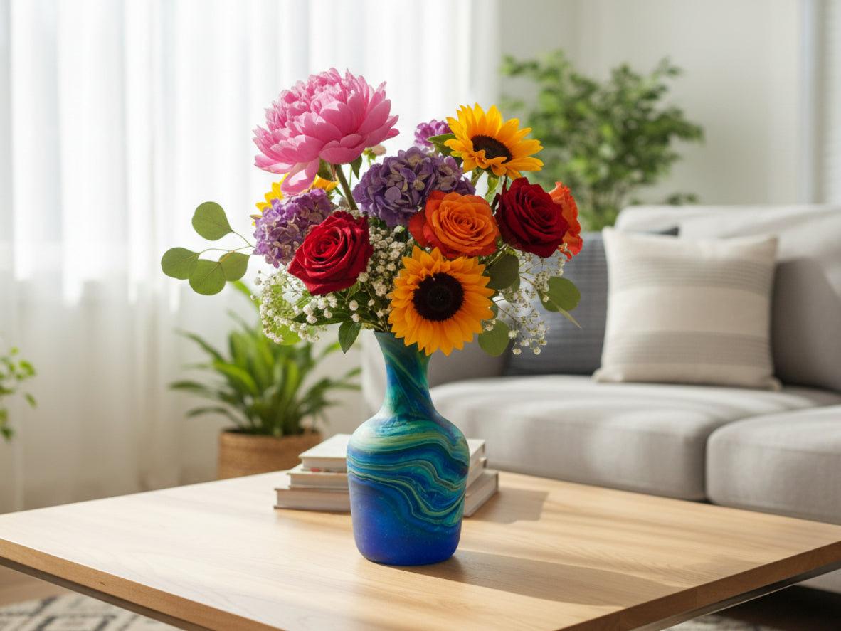 Decorative vase with blue and green handmade in hebron Palestine