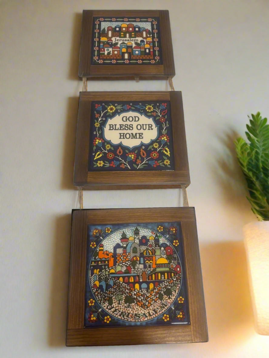 Palestinian Hand-Painted Ceramic Wall Art with Olive Wood Frame