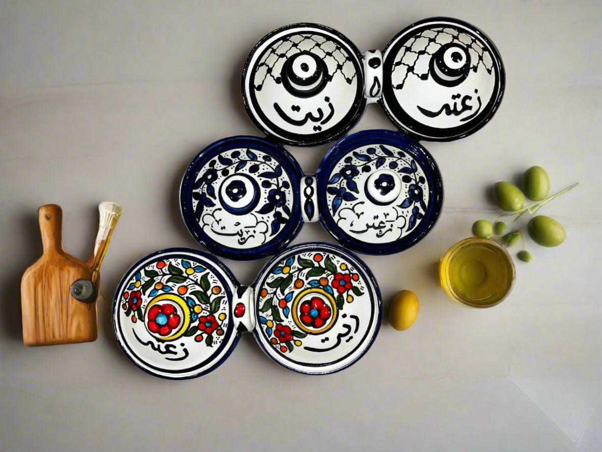 Handcrafted Ceramic Bowls with Lids – Olive Oil & Za’atar Serving Dishes | Palestinian Pottery from Hebron | Various Designs and Patterns